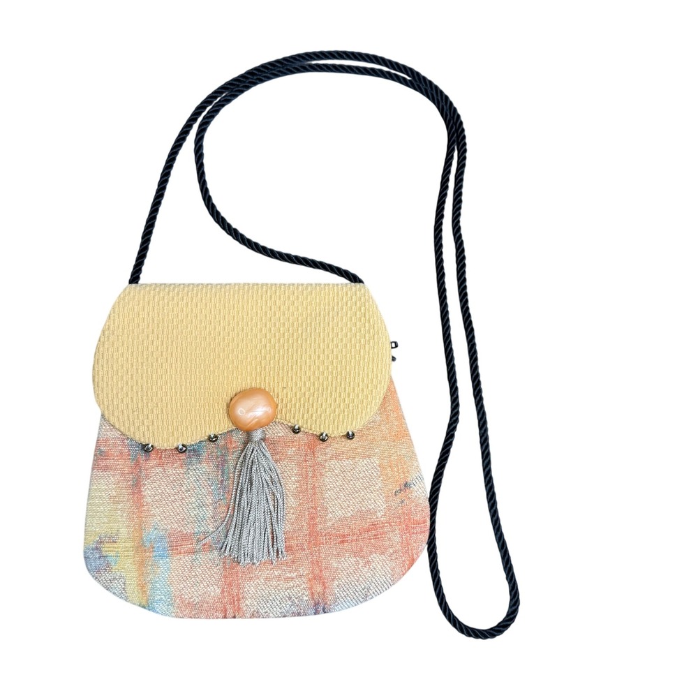 Helen's Daughters Tapestry Plaid Crossbody Bag Tassel Yellow Orange Boho Hippie